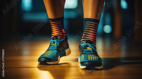 Macro view of a pair of compression socks designed for improved circulation and enhanced muscle support during workouts.
