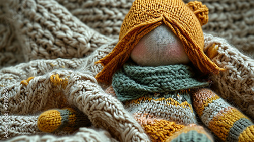 Doll lying on crochet fabric background photo