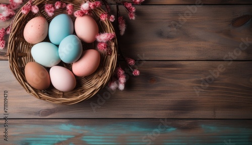 Basket with colorful Easter eggs on a wooden background.