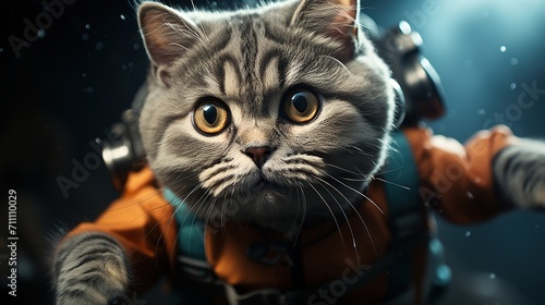 A cat wearing an astronaut suit is floating in space