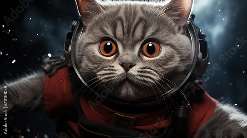 A cat wearing a spacesuit is floating in space