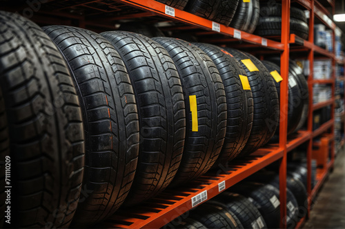 Close-up image of new tires arranged on metal shelving in a warehouse, highlighting the tread patterns and brand labels, emphasizing the variety and quality of the tire selection