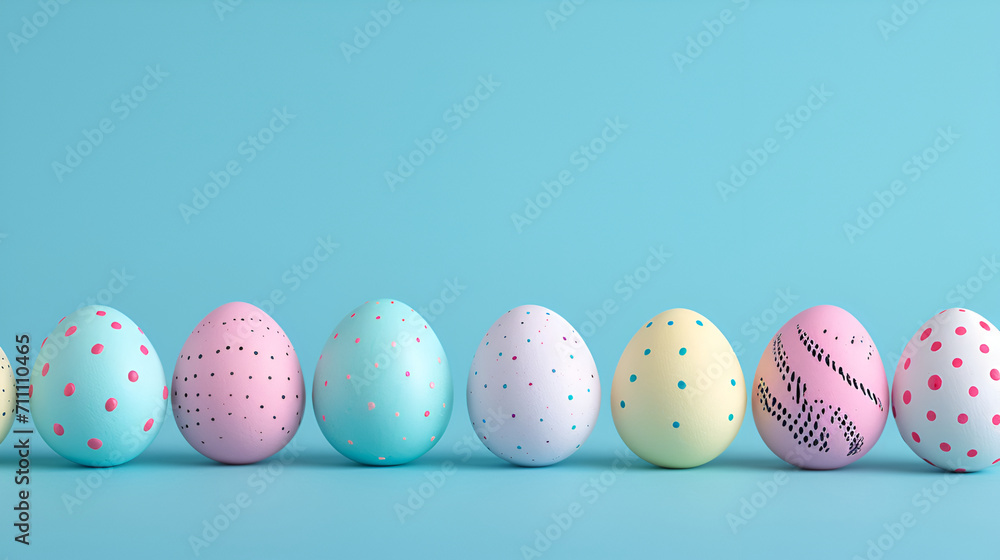 Fototapeta premium A neat row of pastel-colored Easter eggs with various polka dot patterns on a light blue background. Copy space