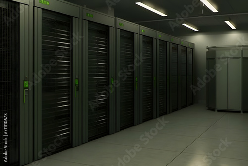 Shot of Data Center With Multiple Rows of Fully Operational Server Racks. Modern Telecommunications. Neural network AI generated art
