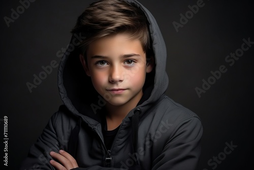 A portrait of a boy in a hooded sweatshirt over dark background.