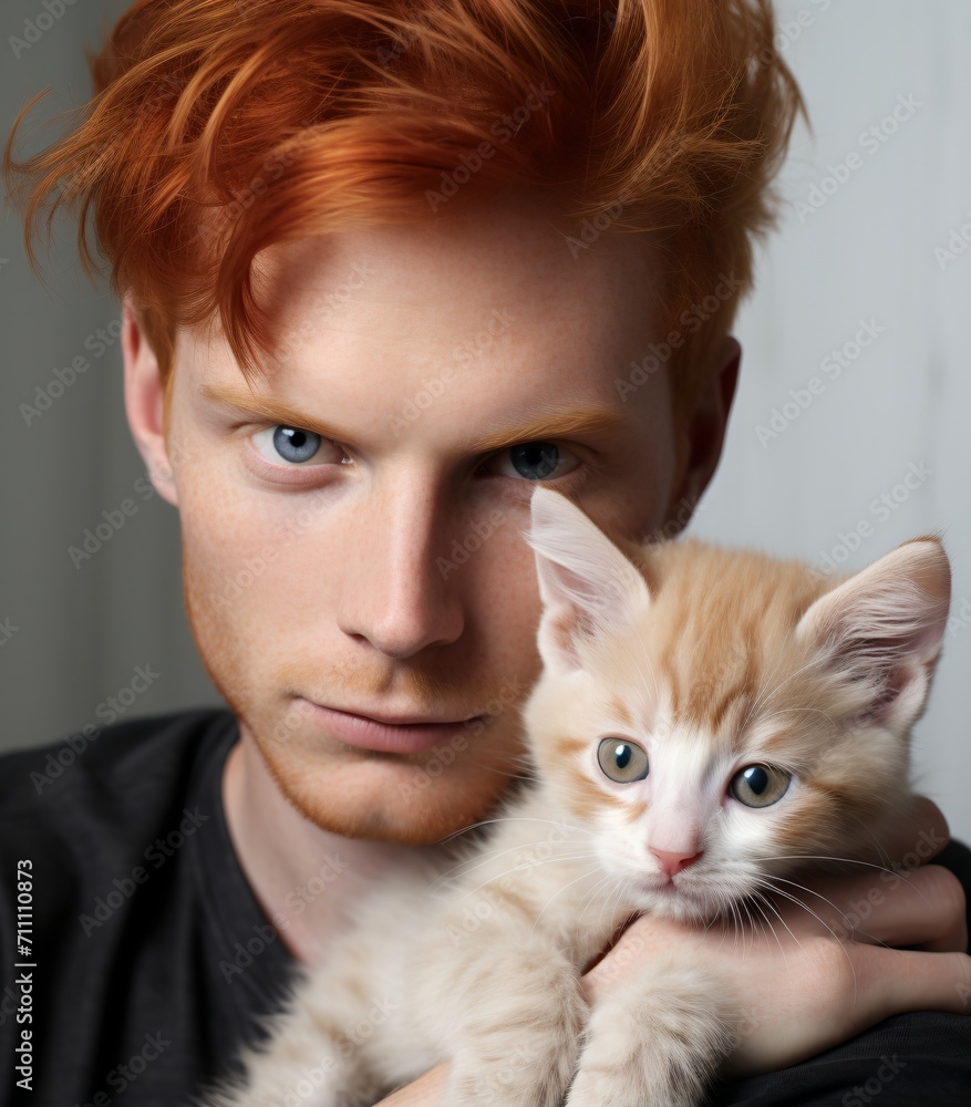 redhead man holding a kitten