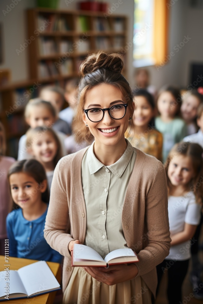 Happy caucasian female teacher holding a book in a classroom full of children Happy caucasian female teacher holding a book in a classroom full of children