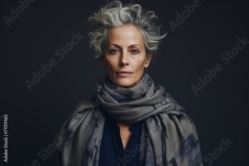 Portrait of a beautiful senior woman in scarf on a dark background