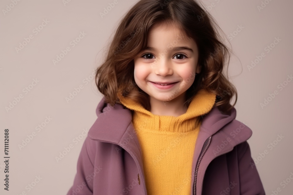 Portrait of a cute little girl in a purple coat and yellow sweater Portrait of a cute little girl in a purple coat and yellow sweater