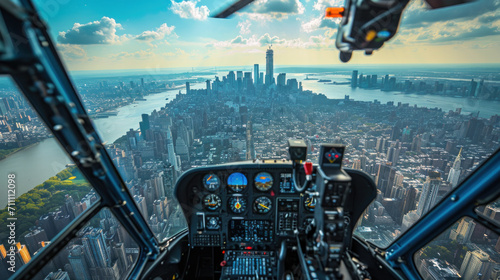 Helicopter cockpit flying on urban landscape and cloudy sky, with pilot arm driving in cabin. Spectacular aerial view of Alps. photo