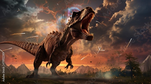 Prehistoric Dinosaur Roars In Prehistoric Landscape photo