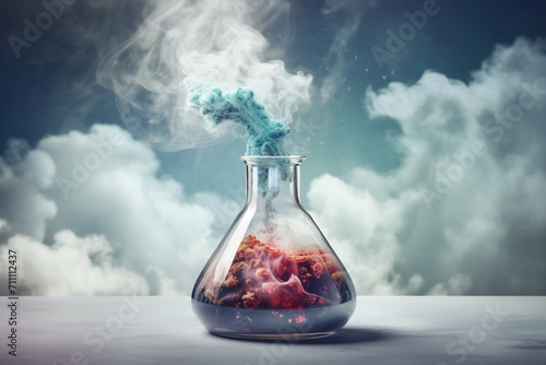 Chemical reaction in flask with explosion and smoke clouds. Isolated on background. 3D illustration