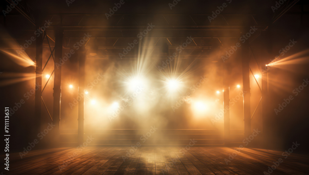 Spotlight Show: Illuminated Scene of an Empty Concert Stage with Bright Beams of Light on a Dark Abstract Background