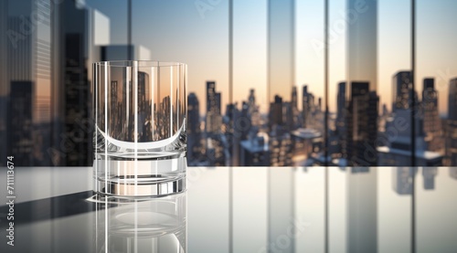 solitary glass on a table with cityscape background photo