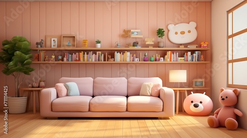 Adorable pink living room interior with a pink sofa and cute decor