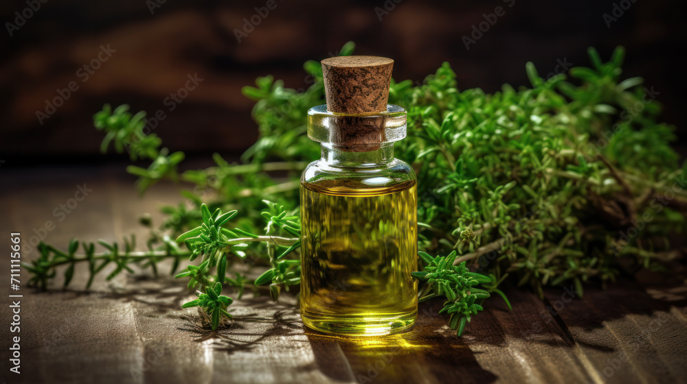 Bottle of thyme essential oil with fresh thyme twigs and other bottles in the background Bottle of thyme essential oil with fresh thyme twigs and other bottles in the background