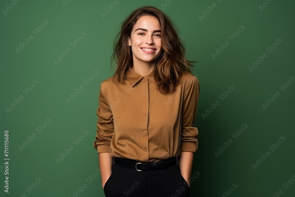 Portrait of a happy young business woman smiling at the camera over green background Portrait of a happy young business woman smiling at the camera over green background