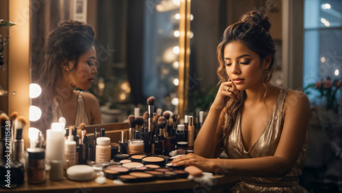 woman putting on make up by a mirror