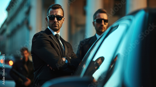 Professional team of male bodyguards at work. protect a VIP celebrity person in car limousine. Bodyguard and VIP person security protection. Agent in civilian black suit.