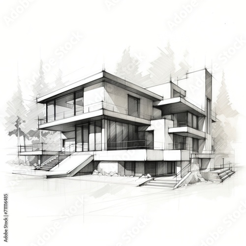Modern house exterior pencil sketch