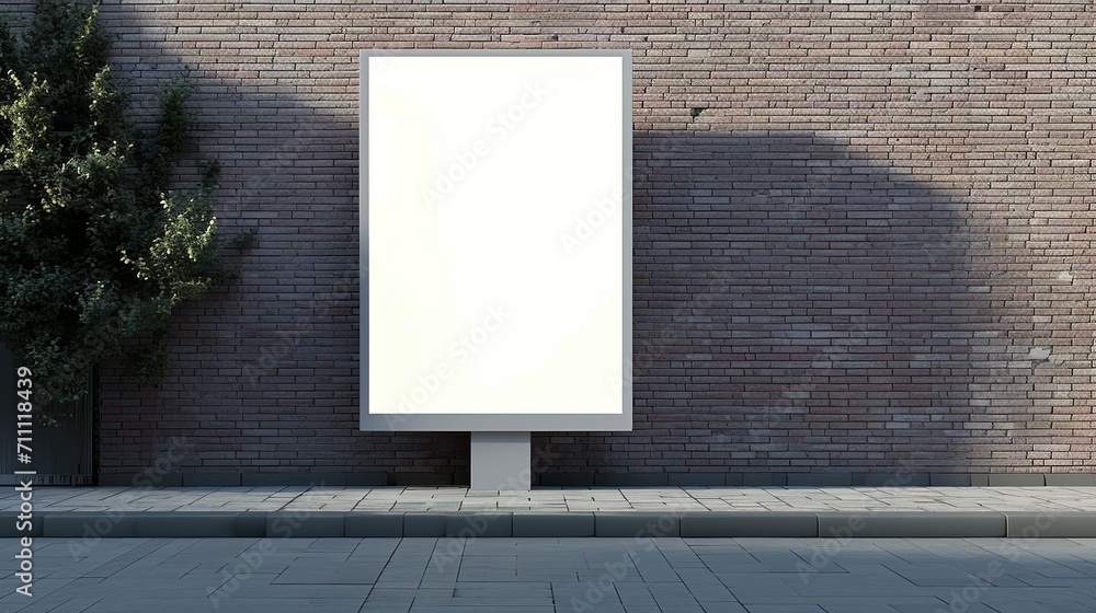 Side view of a white pylon stand with a brick building, an empty ...