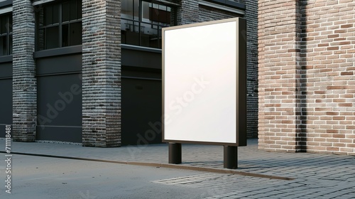 Side view of a white pylon stand with a brick building, an empty advertising tower for commercial information. Template for advertising with a clear rectangular monitor or light box