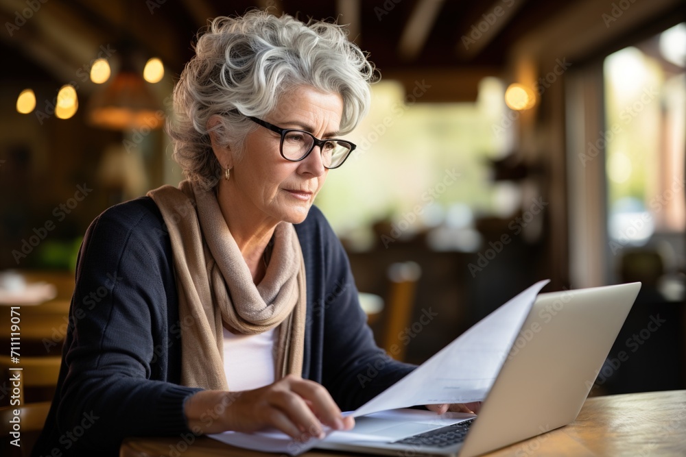 Senior woman reading documents and using laptop Senior woman reading documents and using laptop