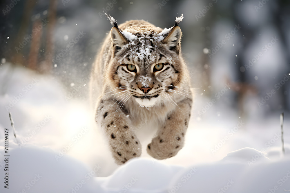 Fototapeta premium wild lynx stomping across the snow