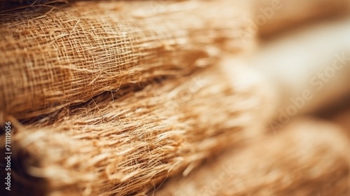 Closeup of woven natural hemp fibers used in ecofriendly textile manufacturing process. photo