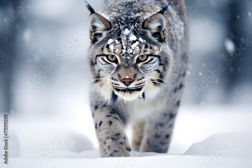 wild lynx stomping across the snow