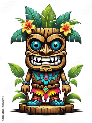 Tiki mask cartoon character with flowers and leaves on transparent background
