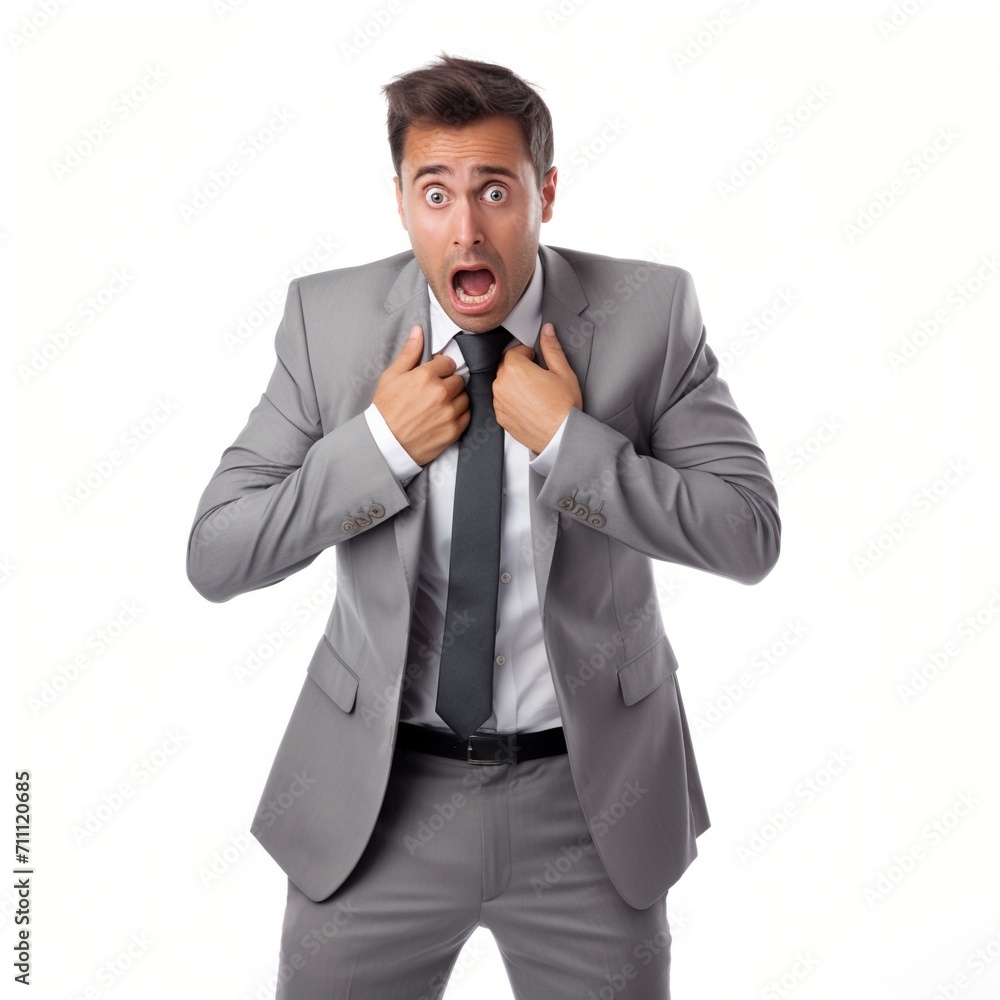 businessman in suit and tie looks shocked and grabs his collar businessman in suit and tie looks shocked and grabs his collar