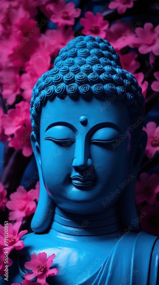 Blue Buddha statue with pink flowers Blue Buddha statue with pink flowers