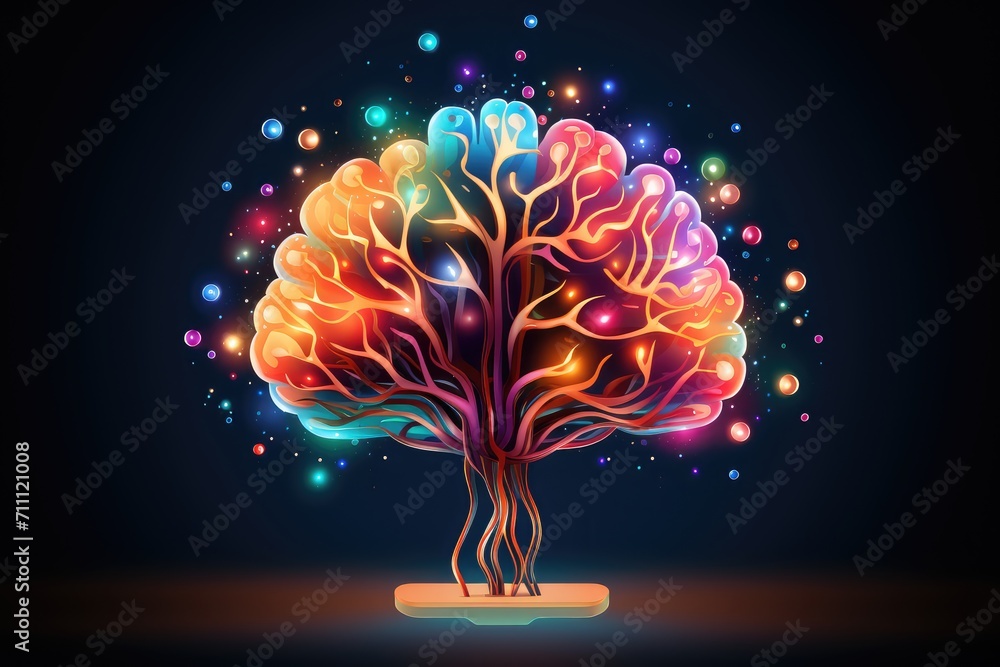 Colorful vivid motley human Brain anatomy cerebral structures cerebrum, frontal, parietal, temporal, occipital lobe. Grey and white matter, sulci and gyri cerebral cortex. Brain regions parts anatomy. - obrazy, fototapety, plakaty 