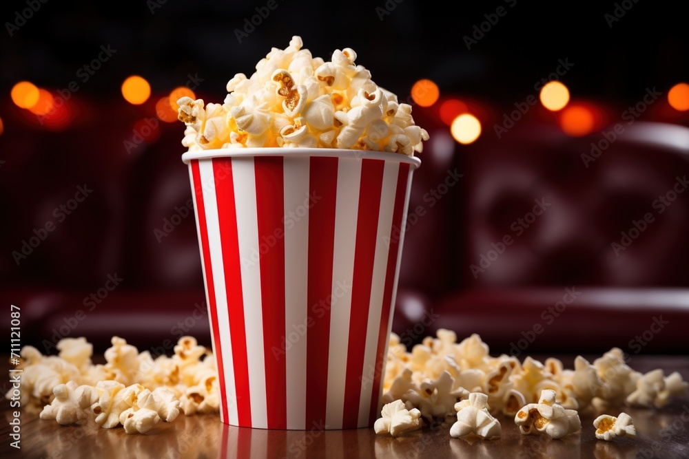 A red and white striped bucket of popcorn with a few pieces spilled on the table A red and white striped bucket of popcorn with a few pieces spilled on the table