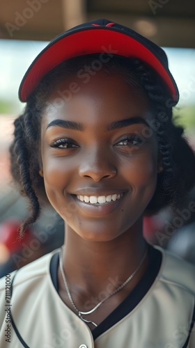 Portrait of a smiling black female in baseball player uniform, background image, AI generated