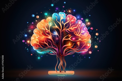 Colorful vivid motley human Brain anatomy cerebral structures cerebrum, frontal, parietal, temporal, occipital lobe. Grey and white matter, sulci and gyri cerebral cortex. Brain regions parts anatomy. photo