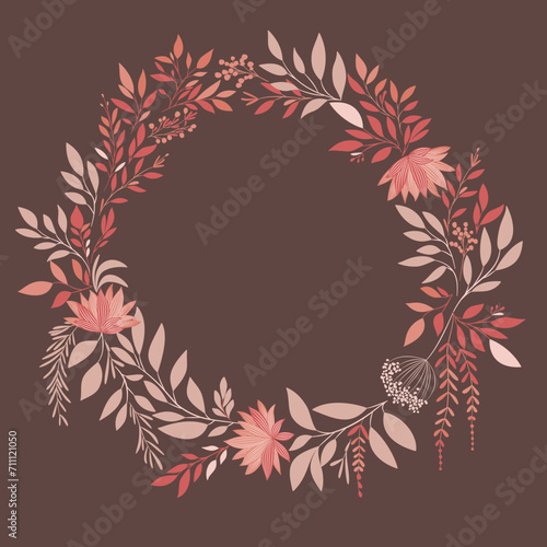 Szablon zaproszenia ślubnego. Elegancka kartka z dekoracją botaniczną w odcieniach różu i beżu. Kwiatowy wzór z liśćmi i gałązkami. 