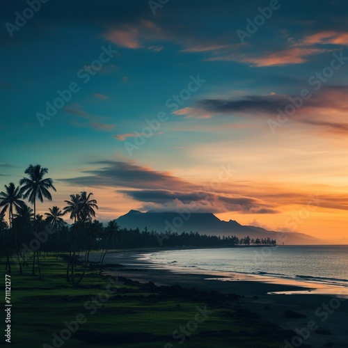 Tropical Beach Sunset Landscape with Mountain and Palm Trees