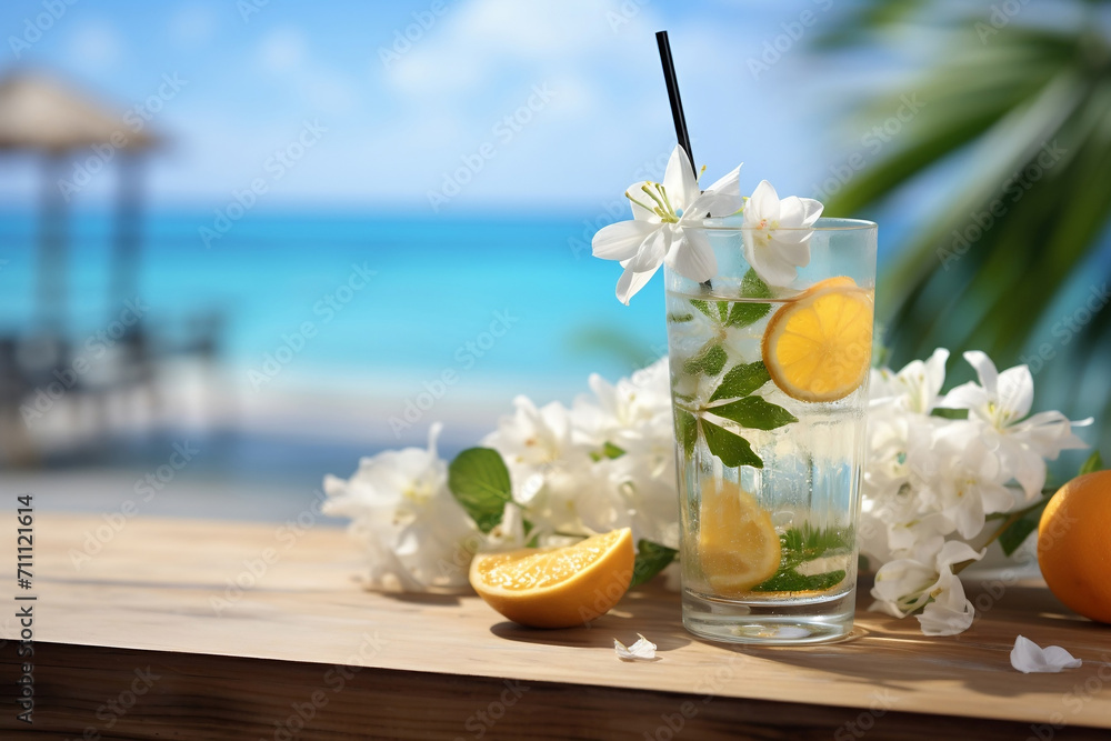 Coctail with orange and white flowers on table on sea background.