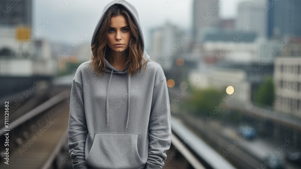 Fototapeta premium A young woman in a gray hoodie standing on a train track,