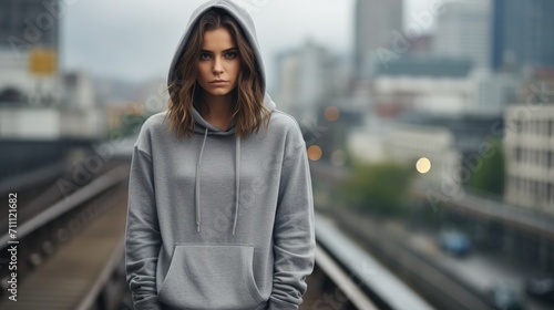 A young woman in a gray hoodie standing on a train track,