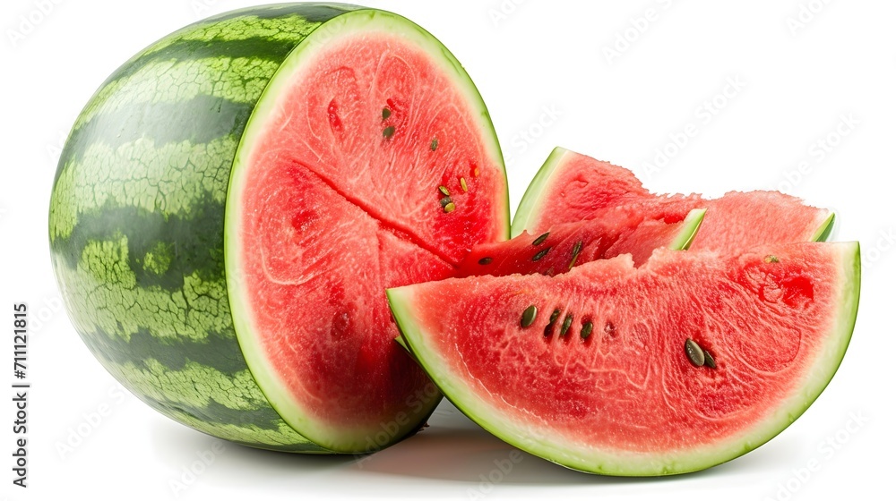 Ripe whole watermelon fruit and half watermelon fruit isolated on white background, background image, AI generated Ripe whole watermelon fruit and half watermelon fruit isolated on white background, background image, AI generated