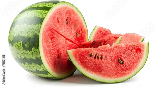 Ripe whole watermelon fruit and half watermelon fruit isolated on white background, background image, AI generated