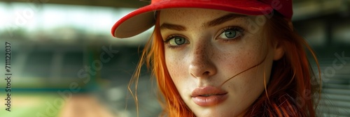 Portrait of a red hair white female in baseball player uniform, background image, AI generated photo