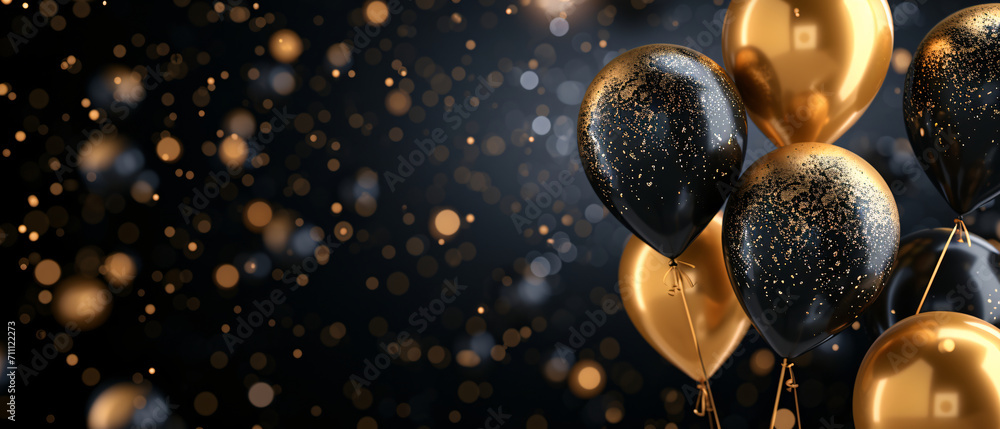 Naklejka premium Glamorous Black Party Decor Confetti and Gold Balloons.