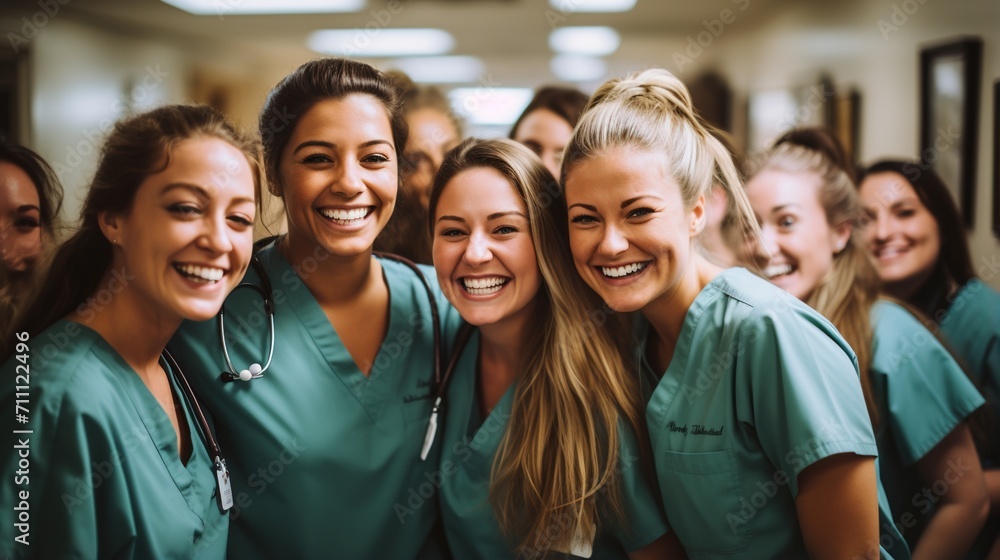 Happy multiethnic group of female nurses and doctors in scrubs posing together at a hospital Happy multiethnic group of female nurses and doctors in scrubs posing together at a hospital