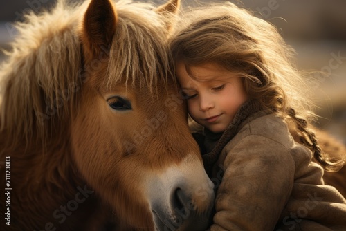 tender and caring connection between a girl and a pony