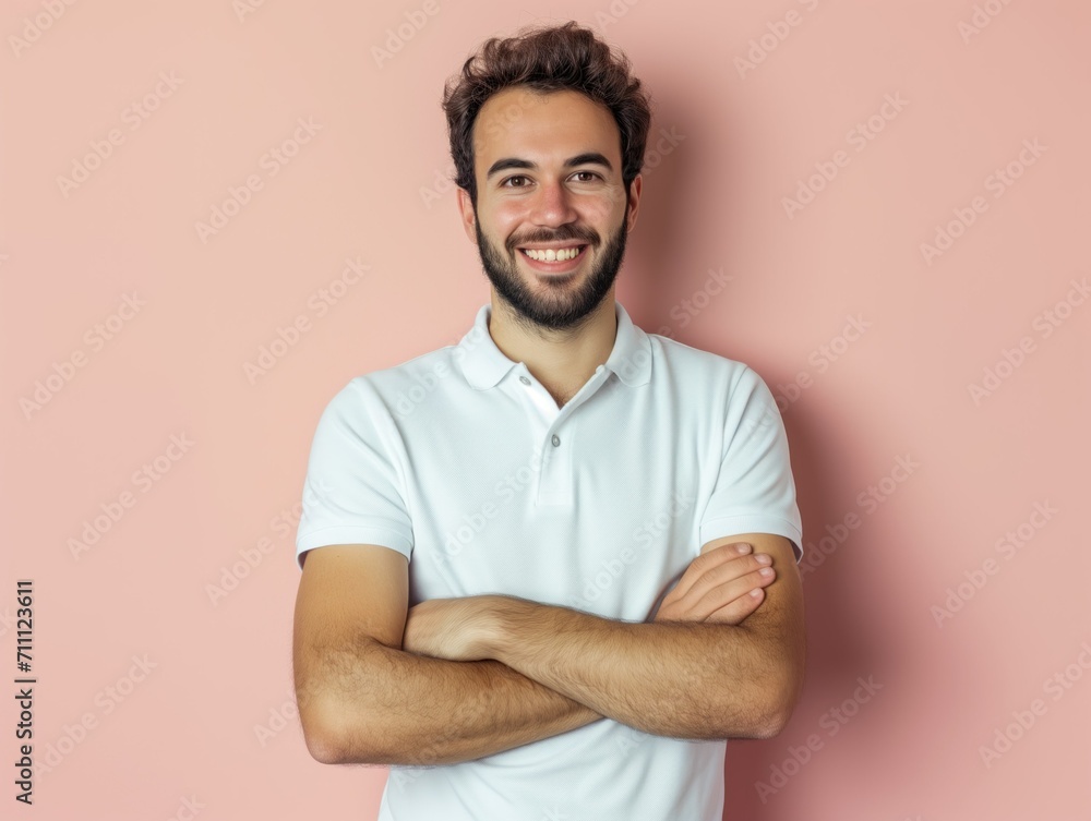 Cheerful Young Man in White Polo Shirt. Generative AI. Cheerful Young Man in White Polo Shirt. Generative AI.