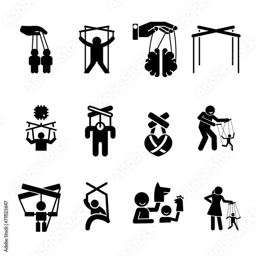 marionette puppet silhouette , string puppet silhouette. Politics and control concept. Black and white isolated vector illustration.